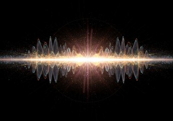 Complex abstract visualization of geometric energy waves, depicting harmonic resonance and synchronized frequency vibrations on a dark field, theoretical, background, motion
