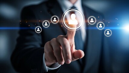 Businessman selecting a digital user profile icon on futuristic interface representing technology innovation and professional networking in modern corporate environment