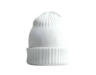 White ribbed knit beanie hat with rolled cuff, isolated on black