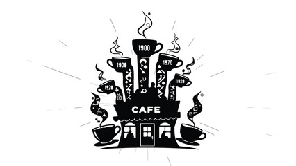 Whimsical cafe illustration with steaming coffee cups reaching for the sky, symbolizing warmth and energy.
