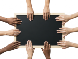 Diverse group of people holding a blank blackboard isolated on transparent background