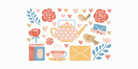 Fototapeta premium A charming floral pattern featuring roses a teapot and sweet love symbols