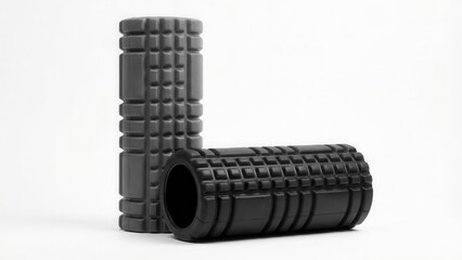 Two textured foam rollers for muscle recovery and myofascial release isolated on white background