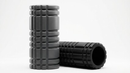 Two textured foam rollers for muscle recovery and myofascial release isolated on white background
