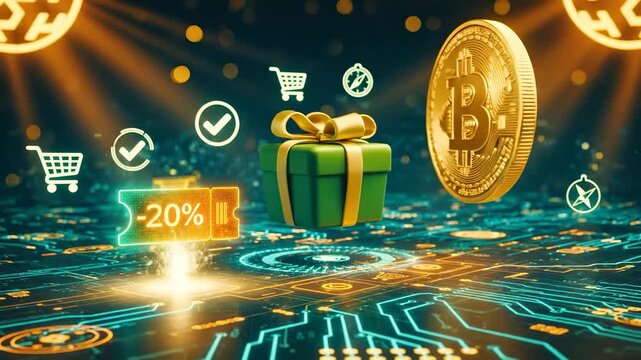 Cyberpunk Crypto Holiday Sale with Floating Green Gift Box Golden Bitcoin Coin and Glowing Neon Holographic Twenty Percent Discount Coupon