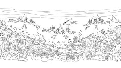 Obraz premium Diverse marine life with scuba divers in detailed underwater scene