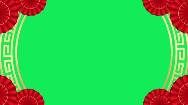 Chinese new year frame with red decorative fan and golden geometric patterns in the corners on green screen background