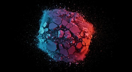 Solid color plane breaking apart into dust and digital noise, abstract visualization of fading, disappearance, and nothingness, blank, particles, disappearance