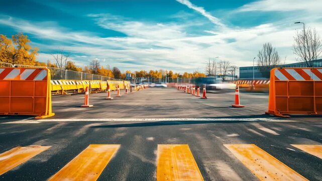 Empty roadwork site showing barriers and pedestrian crossing