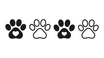 Four black and white paw prints two with heart shapes inside