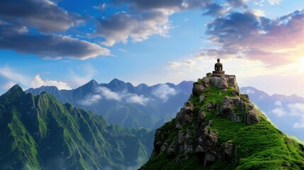 Serene Buddha Statue on Rocky Mountain Peak Surrounded by Lush Greenery and Majestic Clouds in Tranquil Nature Landscape