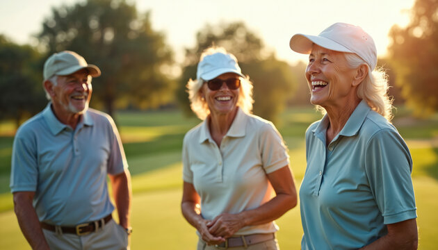 Three happy senior friends in golf attire chat and laugh on green course during sunny day. Enjoying outdoor recreation and leisure activity together.