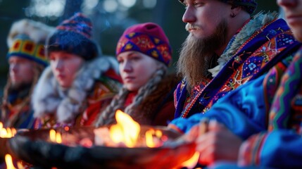 Fototapeta premium Traditional Cultural Ceremonies with Participants Wearing Colorful Attire and Holding Flames in Their Hands