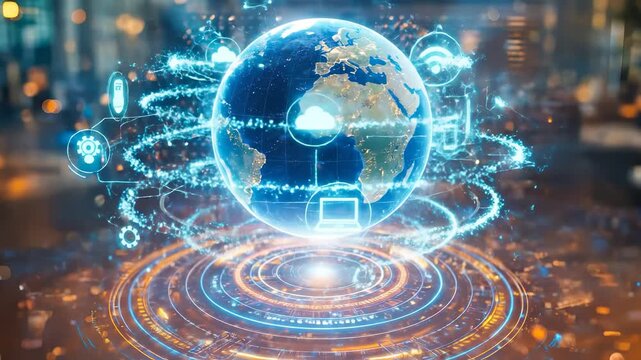 Diverse Hands Reaching Toward Rotating Holographic Earth Globe with Glowing Digital Communication Symbols for Global Connectivity Concept