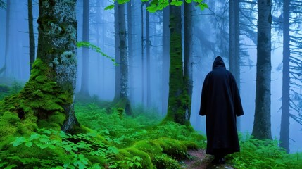 Mysterious figure walking through foggy forest surrounded by lush greenery and towering trees in tranquil atmosphere