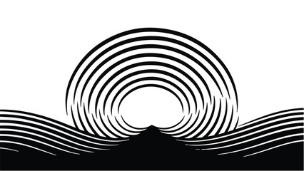 Abstract optical illusion of concentric circles forming a sunrise over wavy lines