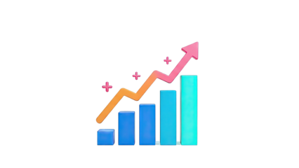 3D Bar Chart with Upward Trend Arrow and Plus Symbols