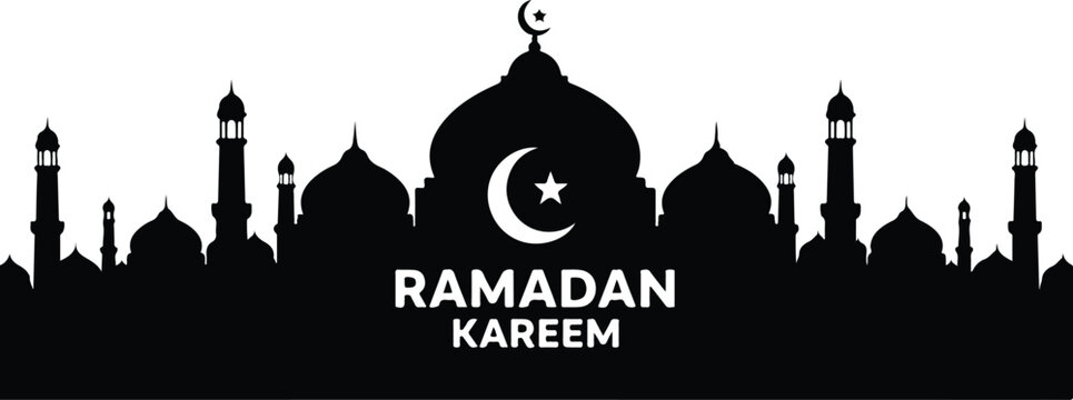 A silhouette of a mosque with a crescent moon and stars featuring the text ramadan kareem in bold lettering high-quality