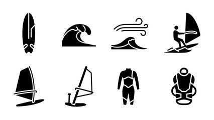 Surfing and windsurfing icons in bold silhouette style for water sports enthusiasts