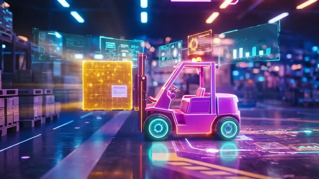 Smart Warehouse Logistics Scene with Neon Forklift Lifting Golden Holographic Cargo Box Near Floating Digital Data Panels and Interface Displays