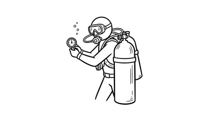 Diver with scuba gear checking pressure gauge outline drawing