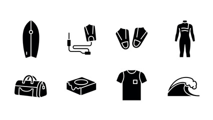 Surfing gear icons: minimalist set featuring surfboard, wetsuit, and accessories
