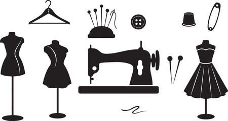 Sewing and Tailoring Tools Vector Set, Dress Form Mannequin Sewing Machine Icons Black White