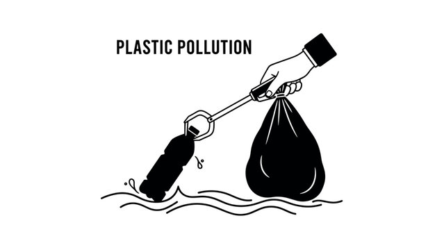 Reducing plastic pollution: hand using litter picker to clean water