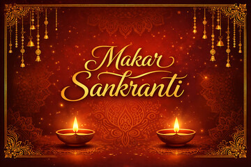 Makar Sankranti Celebration Text with Decorative Diyas and Rangoli