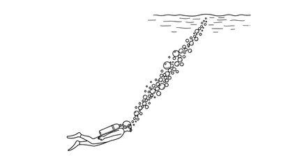 Diver exploring underwater with bubbles in minimalist line art style