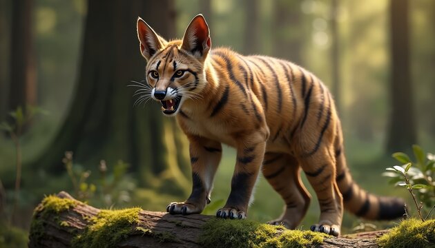 Fierce Tasmanian tiger stands on mossy log in forest. Extinct marsupial with stripes looks aggressive. Wildlife animal in natural habitat. Education and conservation theme.