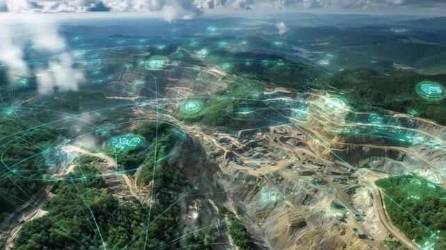 Digital Mining Landscape: An elevated perspective of a sprawling mining landscape, interlaced with digital projections symbolizing data-driven efficiency.