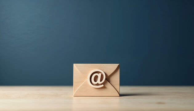 Wooden envelope with at symbol. Concept of email contact digital message. Online communication, internet correspondence, business communication, digital marketing, feedback symbol. - Powered by Adobe
