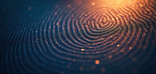 Close up abstract fingerprint pattern with glowing blue and orange light. Intricate ridges and sparkling particles create a textured, futuristic background. Depth effect adds a sense of mystery.