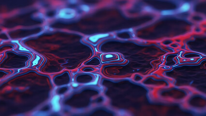 Vibrant abstract digital network with glowing red and blue lines, creating a mesmerizing microscopic visual effect. It evokes futuristic neural pathways or complex circuitry
