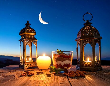 Dessert and lanterns under a crescent moonlit sky - Powered by Adobe