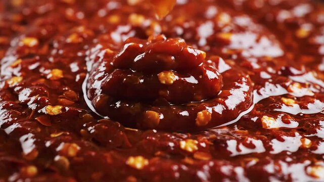 Close up of spicy chili paste with red color and textured appearance