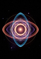 An abstract representation of geometric space, illustrating the perfect balance and synchronization of multiple overlapping, ethereal dimensions, balance, symmetry, nexus