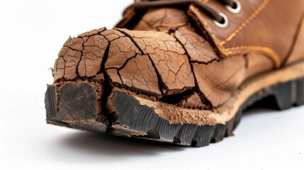 Worn and Weathered Brown Work Boot with Cracked Toecap Against White Background