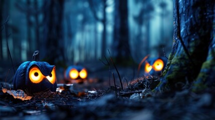 Spooky Halloween Night with Glowing Owl Pumpkins in Enchanted Forest Setting
