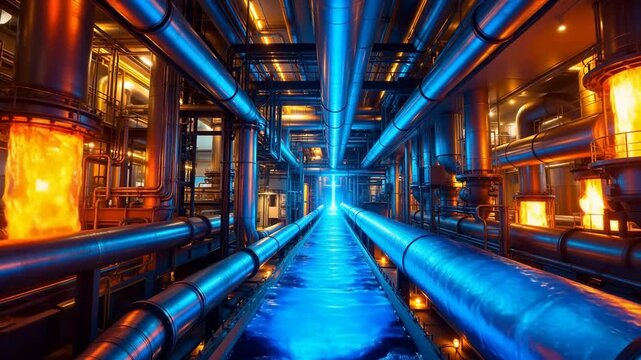 Industrial facility with glowing blue pipes and fiery reactors in a futuristic corridor