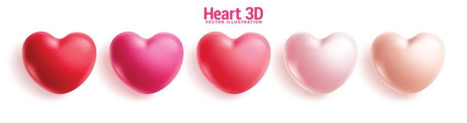 3d Heart shape clipart set. Hearts shape nubes icon clip art collection in red and pink color for valentine's day graphic elements love inflatable symbol in white background vector illustration.
