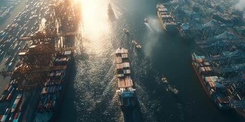 Aerial photographs show cargo ships in a bustling port, conveying the idea of ​​global trade and transportation.
