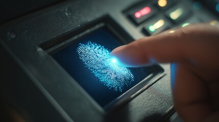 A close-up of a fingerprint scanning on a biometric security device, identity verification theme.