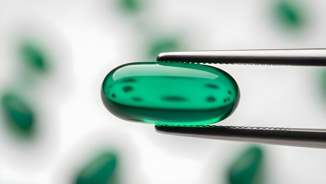 C�psulas farmac�uticas verdes y brillantes, Suplemento encapsulado con brillos verdes, C�psula de medicamento para tratamiento m�dico, capsulas naturales