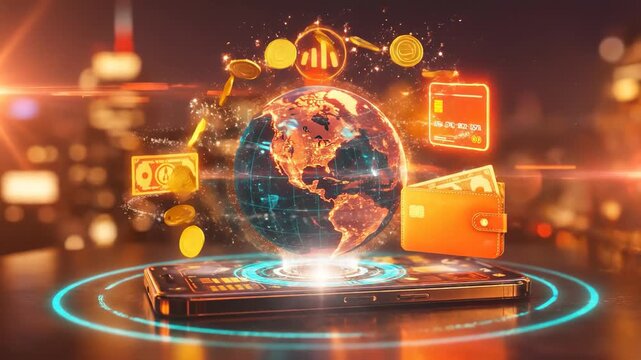 Global Digital Payments with Mobile Wallet, Holographic Earth, Credit Card, Floating Coins and Worldwide Finance Network