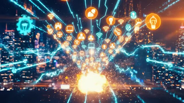 High Energy Digital Marketing Announcement With Orange Megaphone Emitting Cyan Data Waves Over Neon Night City Scene