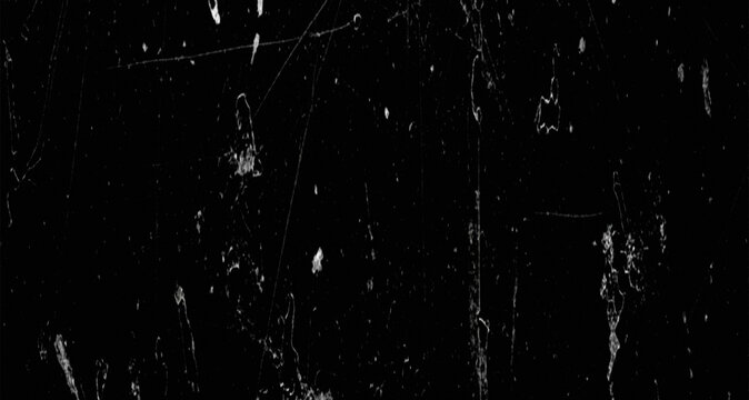 Abstract texture overlay featuring distressed film grain scratches dust particles and light artifacts on a solid black background for vintage effects