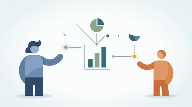 Collaborative business intelligence illustration Two individuals analyzing data with charts and graphs, visualizing performance metrics for strategic decision-making and planning