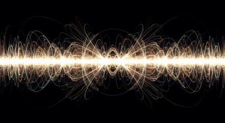 Digital abstract visualization illustrating complex harmonic frequency energy fields and intersecting wave interference structures, colorful, physics, graphic